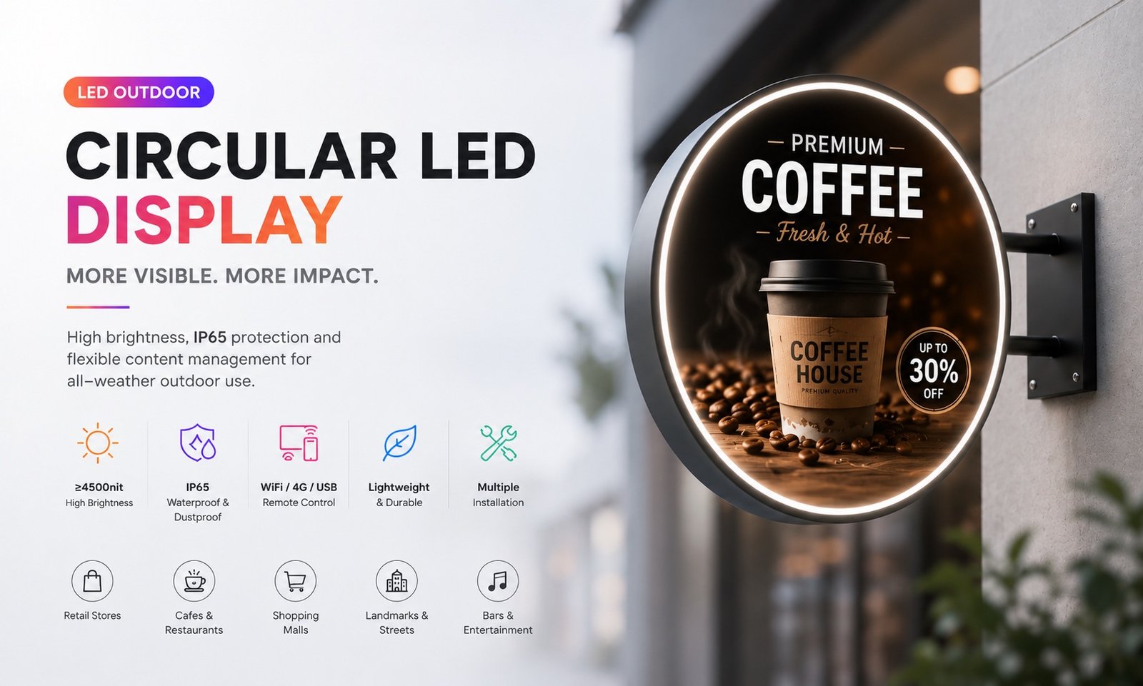 Outdoor circular LED display for cafe and retail advertising