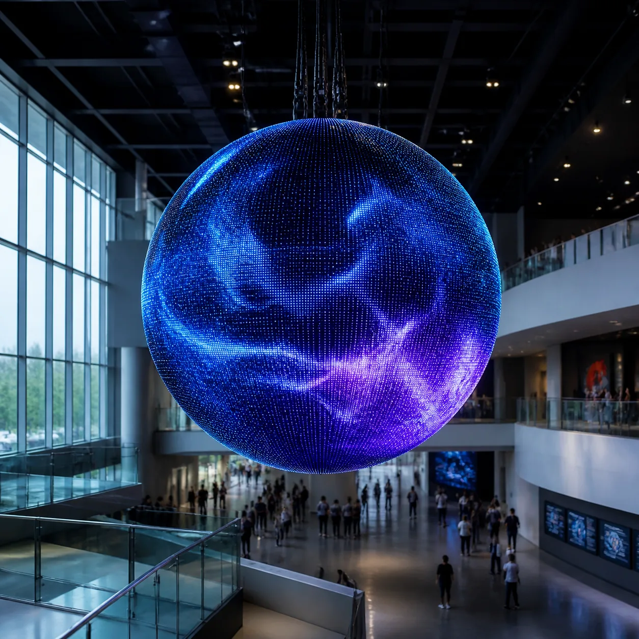 Suspended custom sphere LED display in a museum atrium